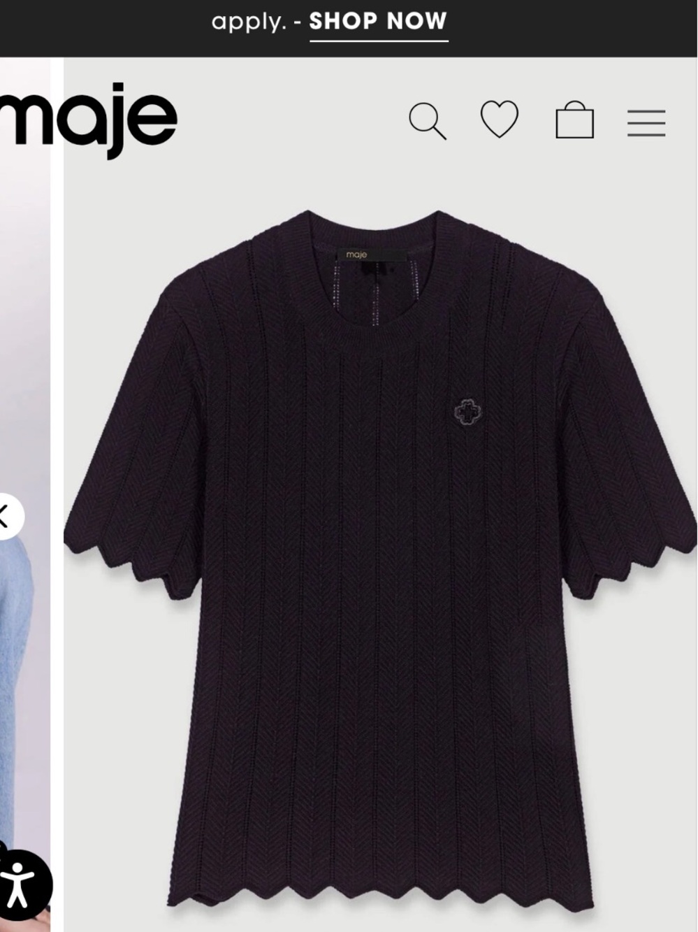maje Black Scalloped-Edge Mesh Short-Sleeve Tee